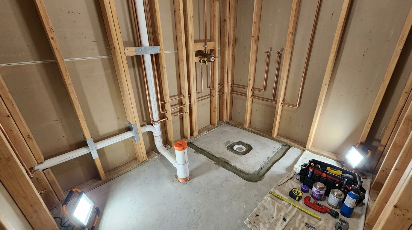 Bathroom rough-in plumbing during remodel by Johns Plumbing LLC in Seagraves