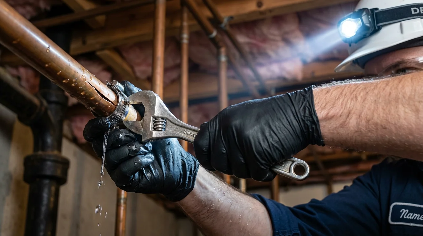 Emergency pipe clamp repair being performed by a Johns Plumbing LLC plumber in Seagraves