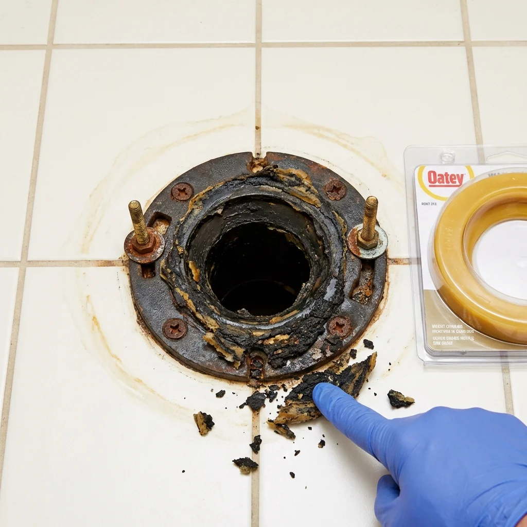 Failed wax ring showing water seepage at the base of a toilet in a Seagraves, TX home