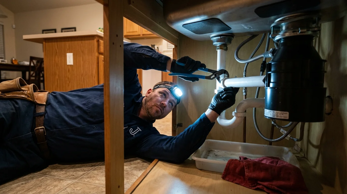 P-trap and supply line connections under a kitchen sink showing a common leak point in Seagraves, TX